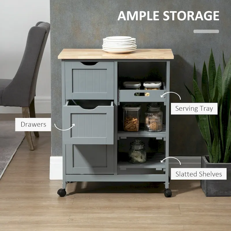 Rolling Kitchen Island Cart with Wood Top, Shelves and Drawers