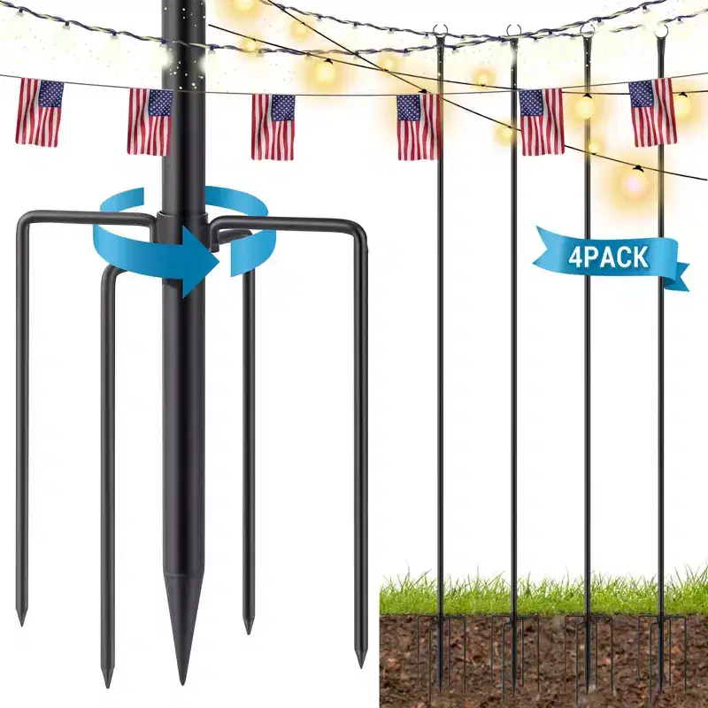 10FT Outdoor String Light Poles, Heavy Duty Metal Poles with 5-Prong Ground Base for Hanging String Lights, Tall Yard Garden Light Poles