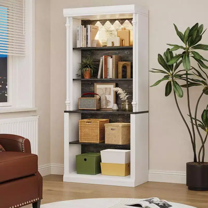 Coolmee Bookshelf with Adjustable Shelves, 5 Tier Display Cabinet with LED Light, Freestanding Display Case for Collectibles Bedroom Living Room