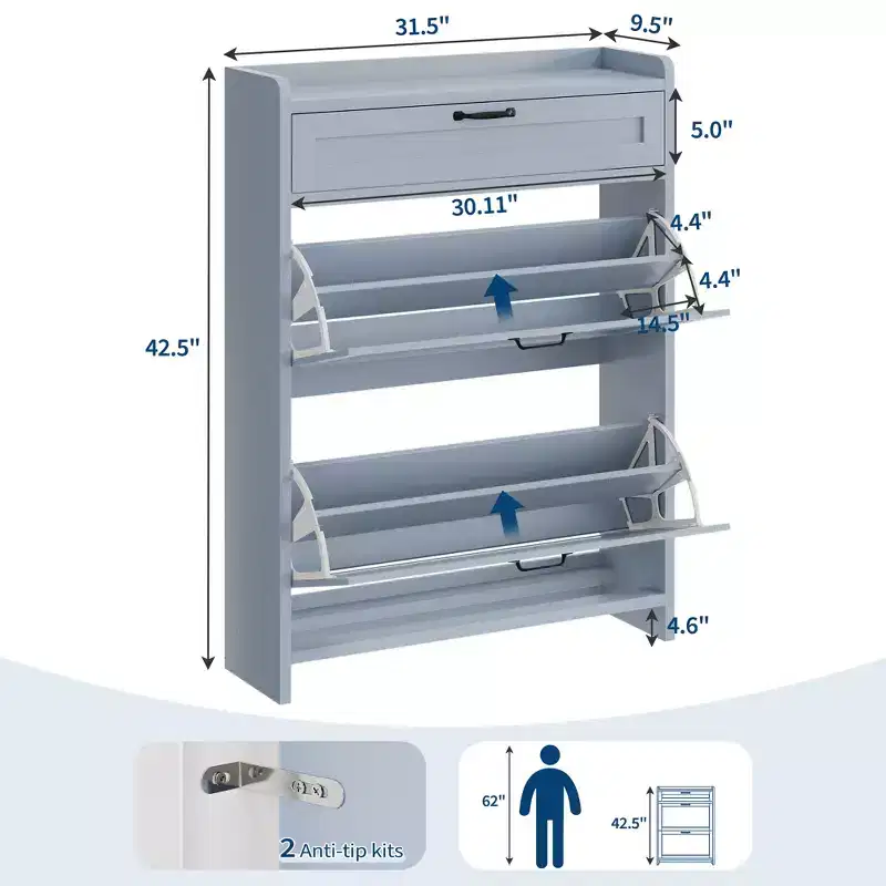 Wooden Shoe Cabinet with 2 Flip Drawers & 1 Top Drawer, Adjustable Shelf – Holds 12–16 Pairs