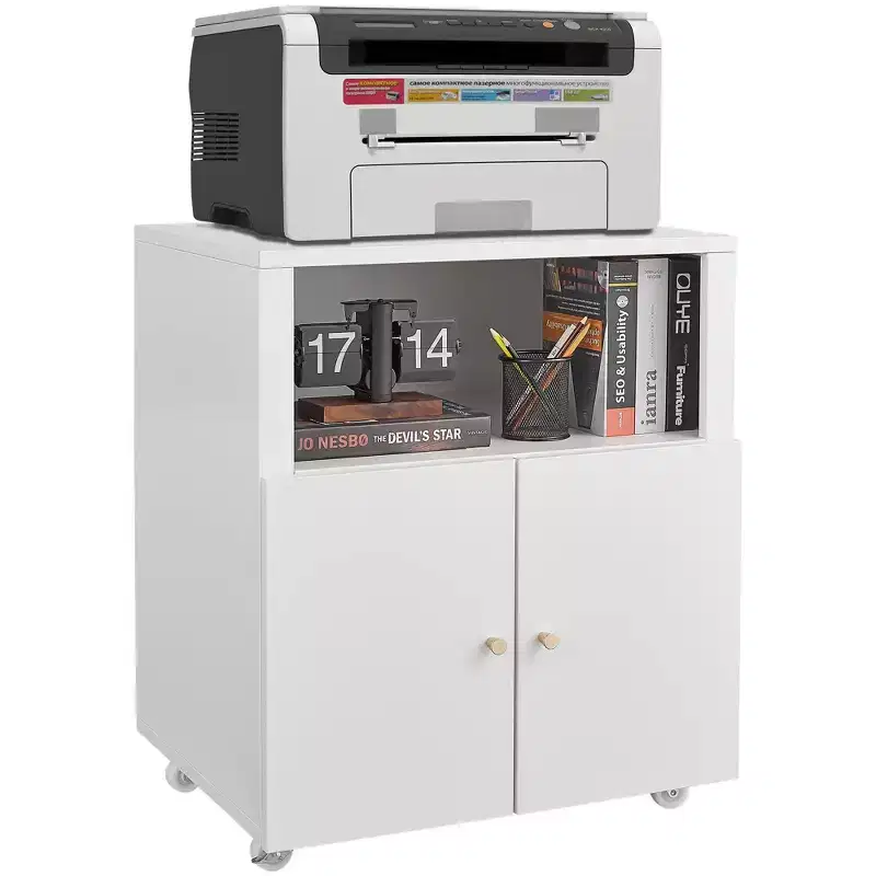 Metal Printer Stand with Storage, Heavy Duty Rolling Printer Cabinet with Doors, Large Printer Table Stand with Wheels for Office Copier Fax