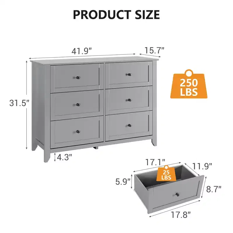 GustoWave 6 Drawer Dresser, Modern Chest of Drawers with Round Handle and Sturdy Leg