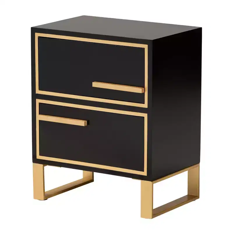 Giolla Wood and Metal 2 Drawer End Table Black/Gold - Baxton Studio: Sleek Side Table with Storage, Modern Design