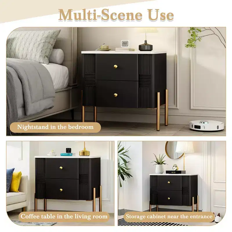 Whisen Modern Minimalist Nightstand with 2 Storage Drawer, Golden Metal Handles and Legs, Unique Textured Design