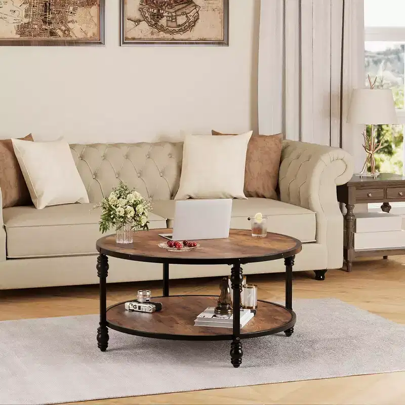 Round Rustic Coffee Table with Storage Shelf, Wood Top, Metal Legs, Brown/Black
