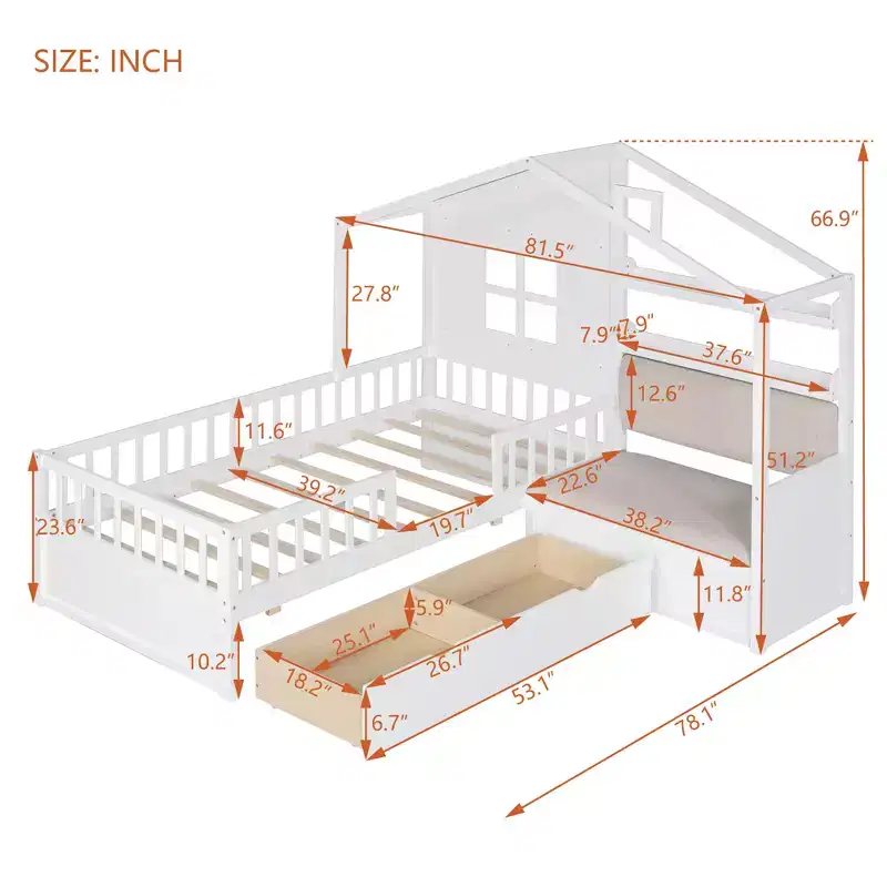 Twin Size House Bed with Sofa, Kids Platform Bed with Two Drawers and Storage Shelf, White