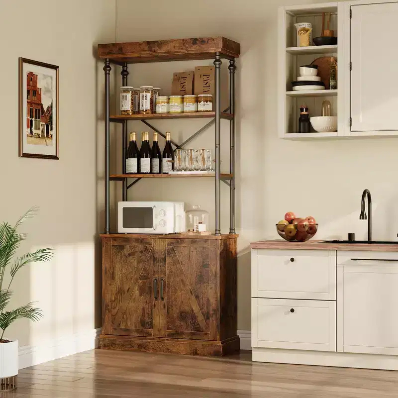 Bookshelf with Doors, 73.6 Industrial Bookcase - 4-Tier Wood & Metal Storage Shelf for Living Room, Office