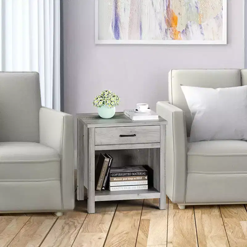 Grey Nightstands with Storage Drawer, Wood Night Stand Side Table for Bedroom Living Room Office