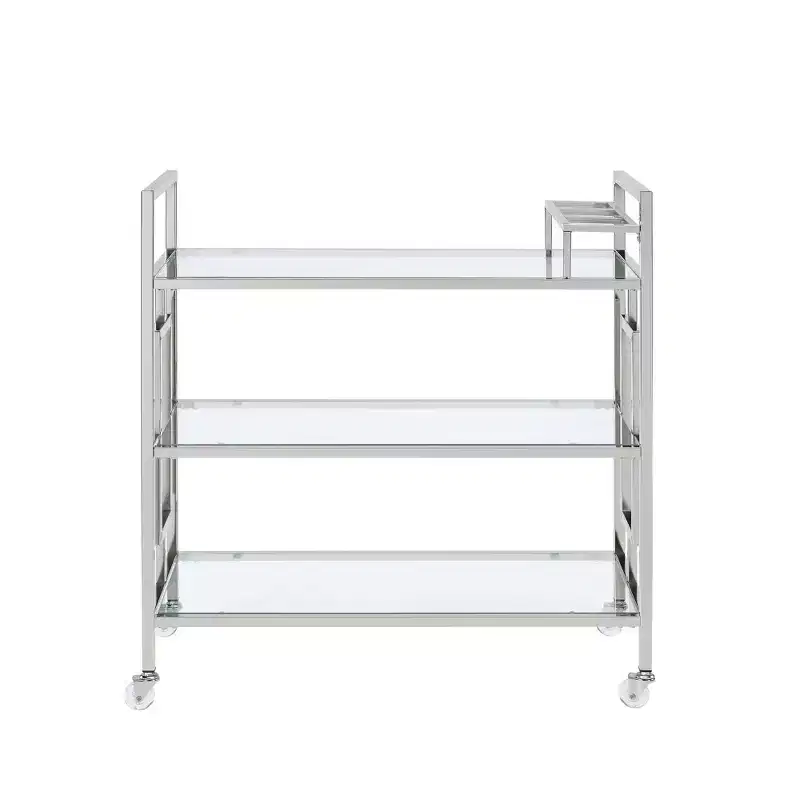 Harper Serving Bar Cart Chrome - Picket House Furnishings: Modern Glam, Tempered Shelves, Wheeled