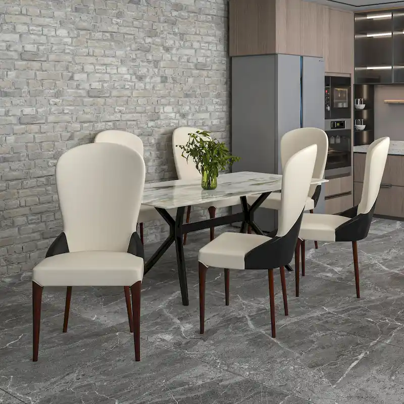 Leather Upholstered Solid Wood Dining Chair with Two-Tone Design
