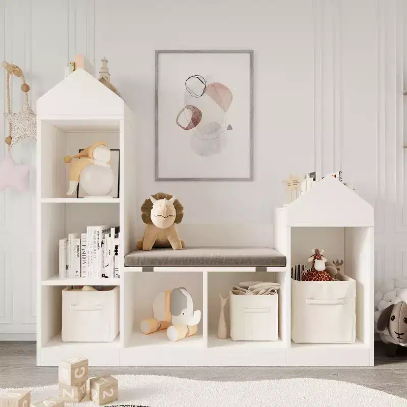 Kids Bookcase, Toy Storage Organizer with Seat, Kids Bookshelf, Wooden Storage Bench Playhouse Cabinet for Kids Room, Playroom, Classroom, Nursery