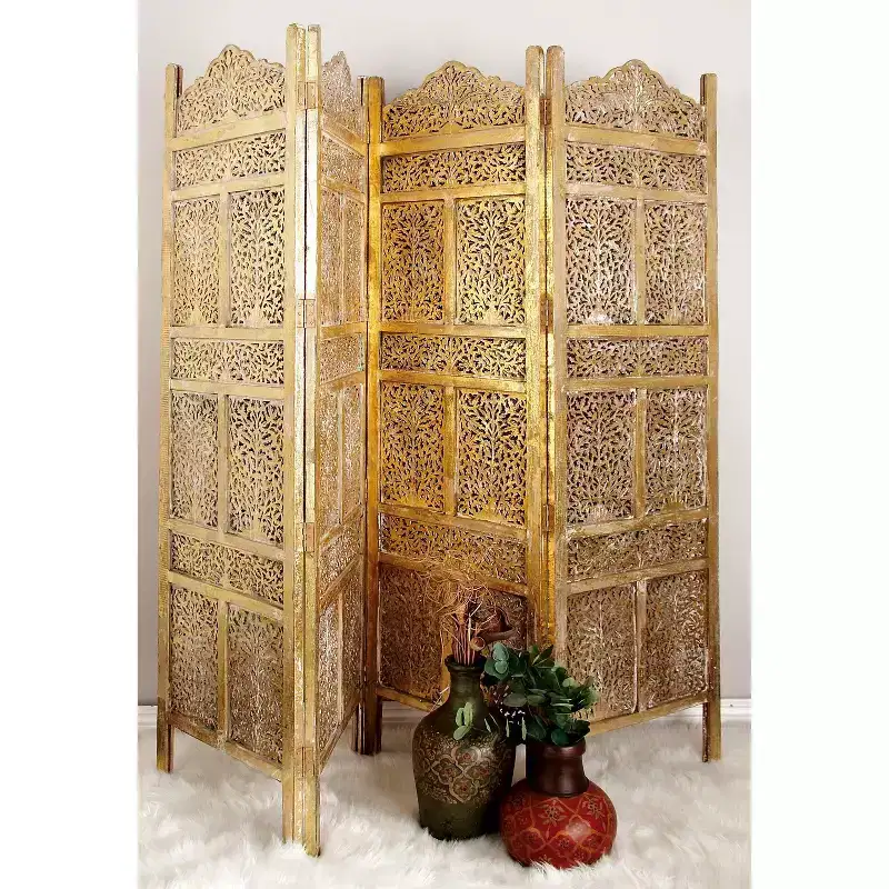Traditional Intricate Carved Room Divider Screen Gold
