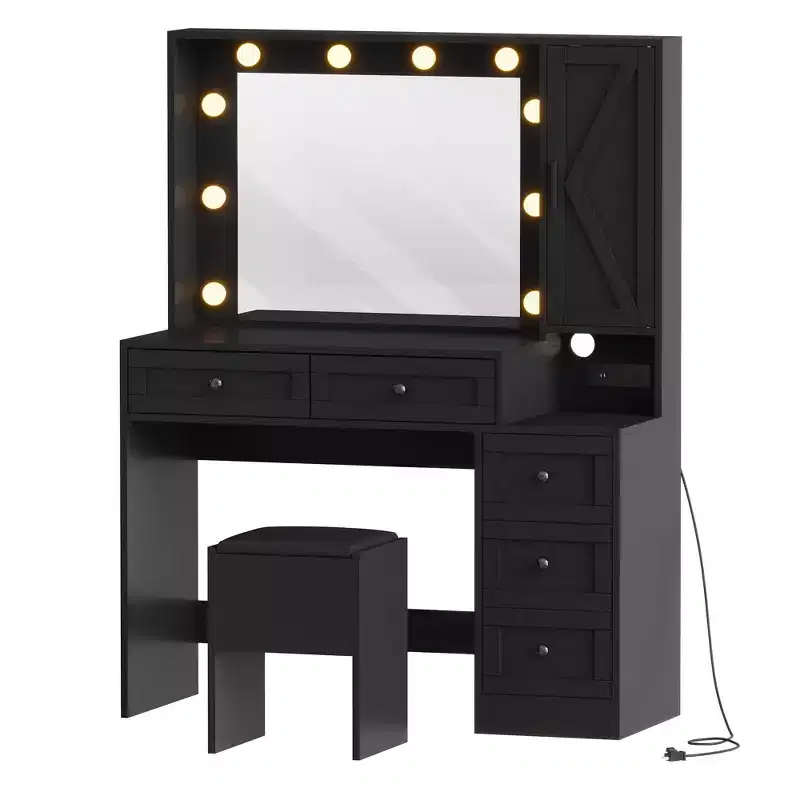 Makeup Vanity Desk and Stool, Vanity Desk with Lights, Vanity Table Set with Charging Station, Drawers and Hidden Storage Shelves
