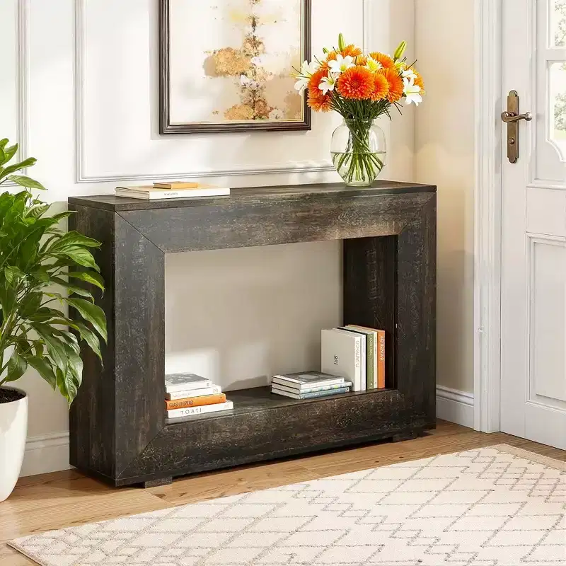 Farmhouse Rustic Wood Grain Console Table with Vintage Simple Charm