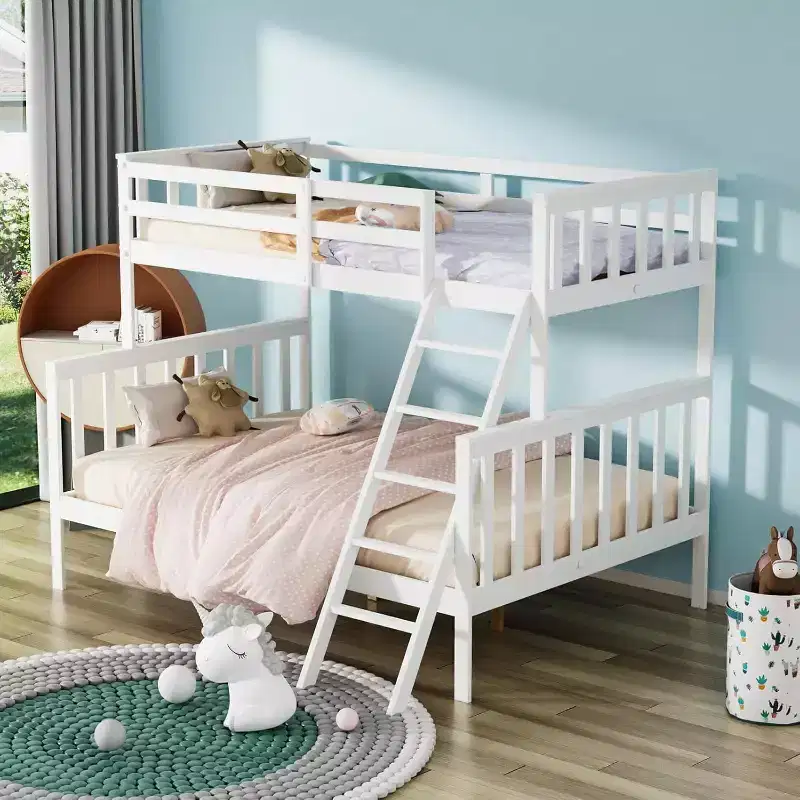 JOYMOR Twin Over Full Bunk Bed for Kids Children Teens Adults, Solid Wood Bunk Bed with Ladder and Guard Rail