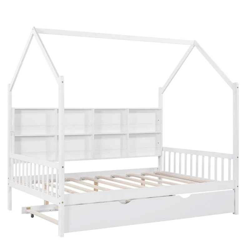 Full Solid Wood House Day Bed with Trundle