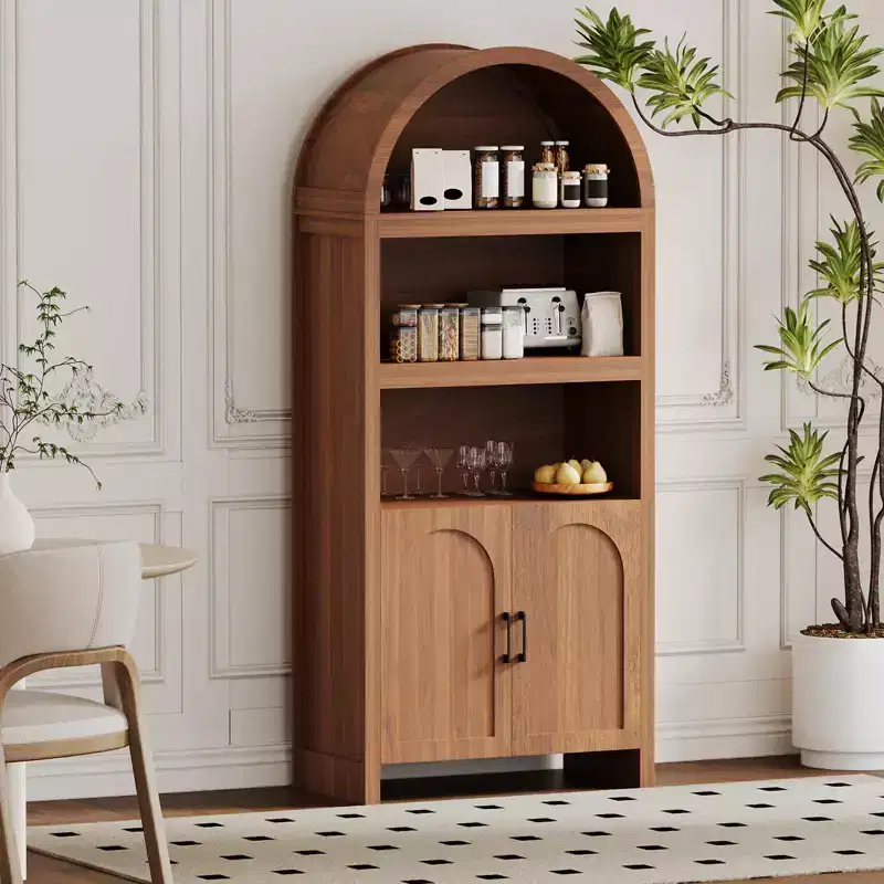 71 Tall Arched Bookcase Cabinet,5-Tier Storage with Fluted Doors, 3 Open Shelves & Adjustable Shelf, Pantry for Living Room, Dining Room, Office