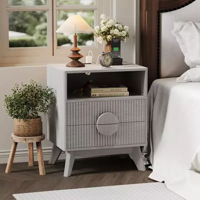 1/2 PCS Modern Nightstand, Recessed Side Table with 2 Drawers and Open Shelves, Wooden Nightstand, Sofa Side Table for Living Room Bedroom Sofa