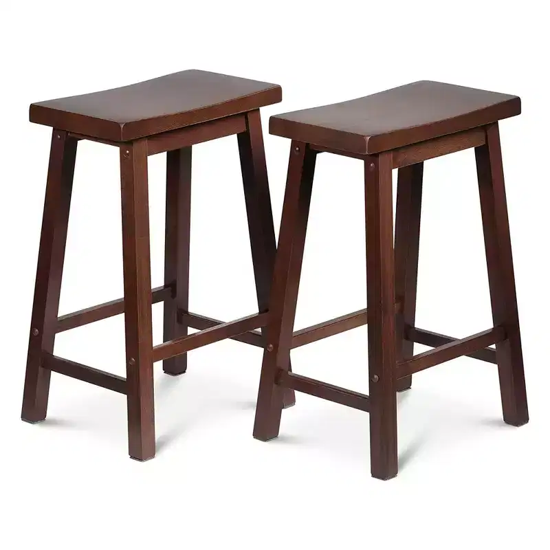 PJ Wood Classic Saddle-Seat 24 Tall Kitchen Counter Stools for Homes, Dining Spaces, and Bars w/ Backless Seats, 4 Square Legs, Walnut (Set of 8)