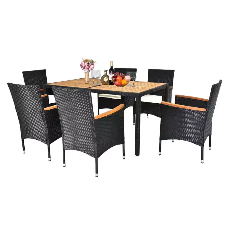 Karl Home Black 7-Piece Wicker Acacia Wood Outdoor Dining Set with Beige Cushion