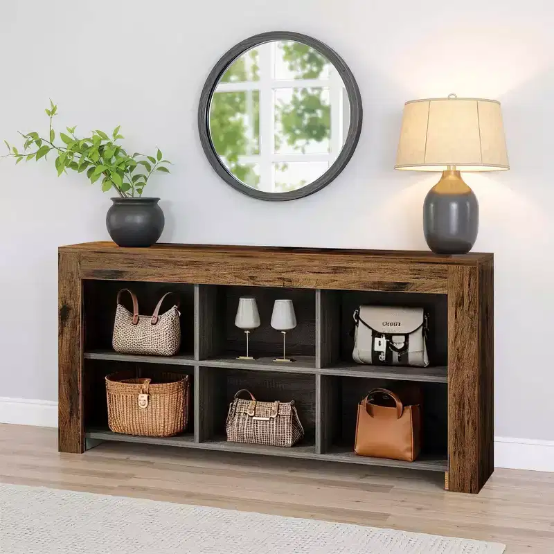 MAYEERTY 63 Rustic Console Table, 6 Open Compartments Wooden Couch Table for Entryway