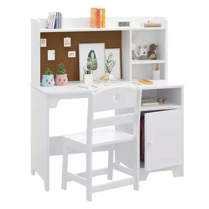Kids Desk with Chair, Study Desk for Boys Girls Storage Cabinet, Student Writing Desk Computer Workstation for Kids Bedroom & Study Room, White