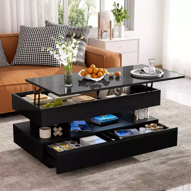 Lift Top Coffee Table with Storage, Modern LED Lighted Coffee Table with Hidden Compartment, 2 Drawers and Open Shelf for Living Room