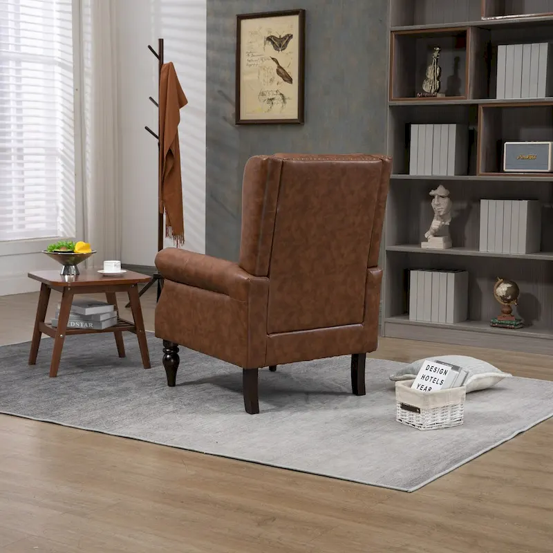 Upholstered PU Leather Accent Chair,Mid Century Button Tufted High Back Arm Chair with Armrest and Solid Wood Legs
