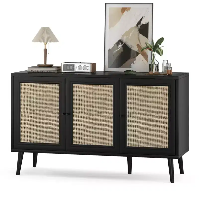 Sideboard Buffet Cabinet with 3 Rattan Doors & Adjustable Shelves – Kitchen Storage
