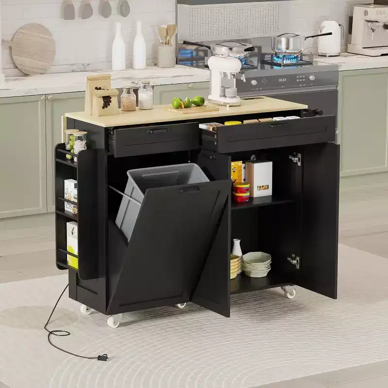Kitchen Island on Wheels with Storage, Kitchen Island Cart with Trash Can & Electrical Outlets, Portable Rolling Kitchen Island with Adjustable Shelf