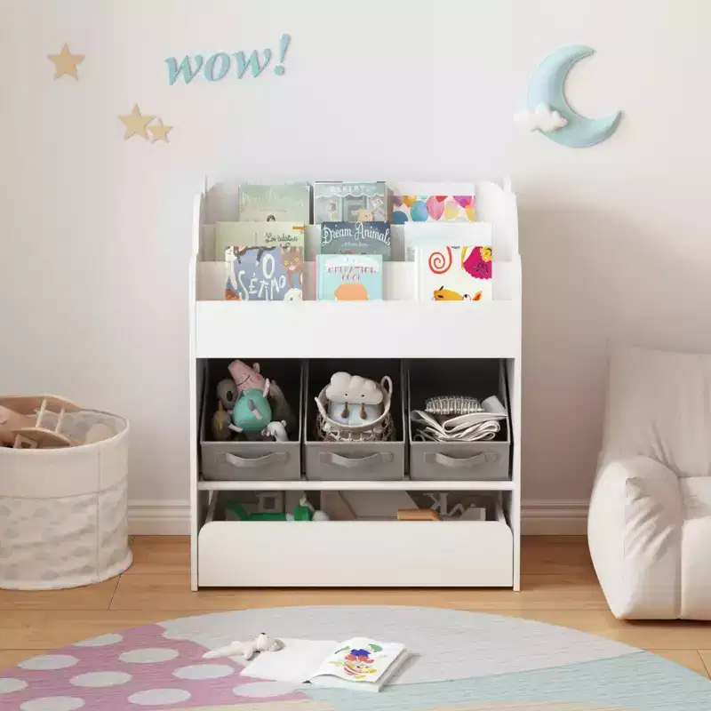 MAYEERTY Bookshelf with Storage Bins and Drawer, Multifunctional Wooden Book Organizer for Toddles for Living Room White