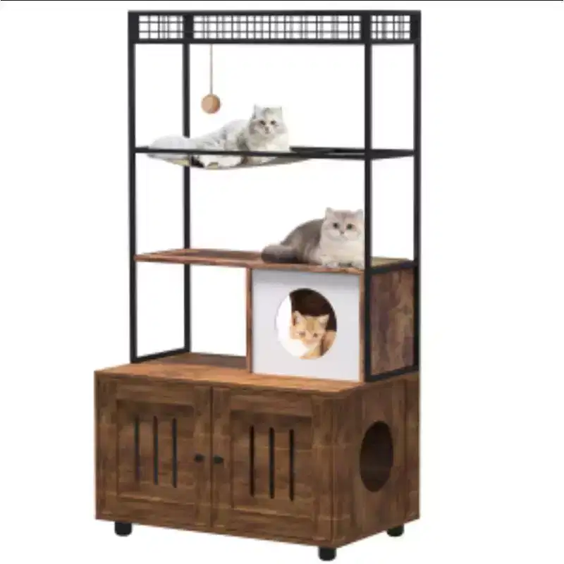 Vintage Cat Litter Box Enclosure Cabinet | Wood & Metal Frame, 2-Door Hidden Storage