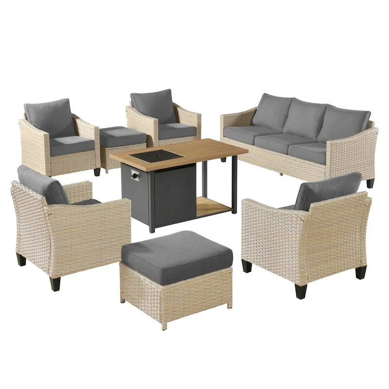 HOOOWOOO 8-piece Patio Wicker Rattan Conversation Set with Multifunctional Fire Pit Table