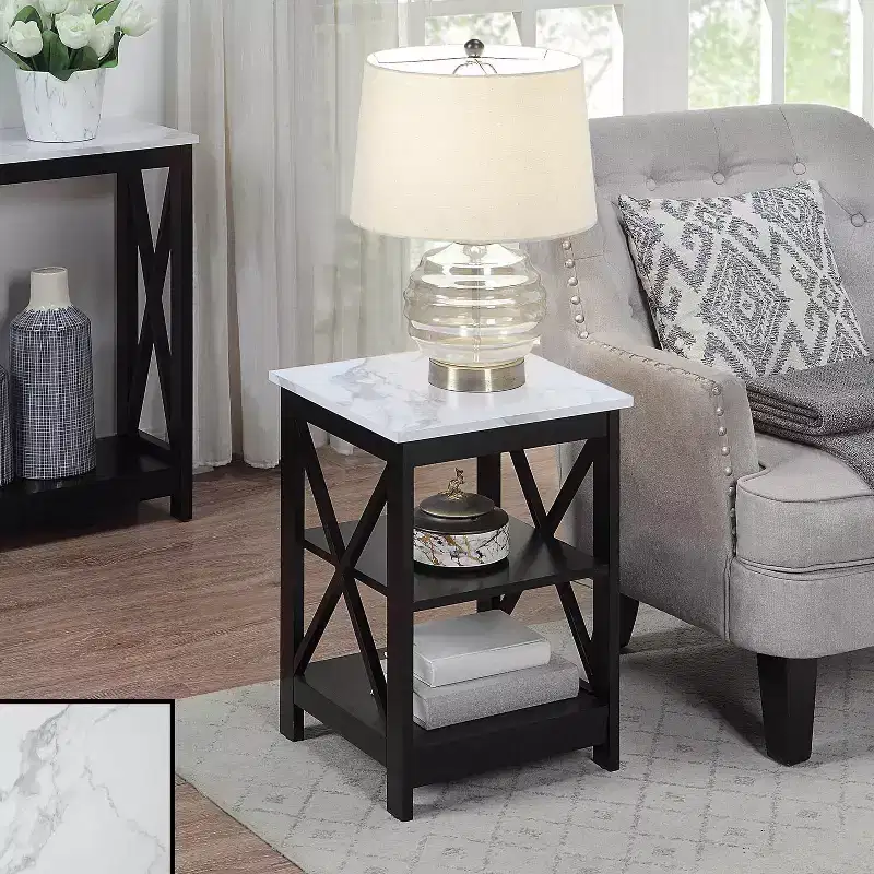 Belmont End Table with 3 Open Shelves and X Frame Panels, White Faux Marble/Black