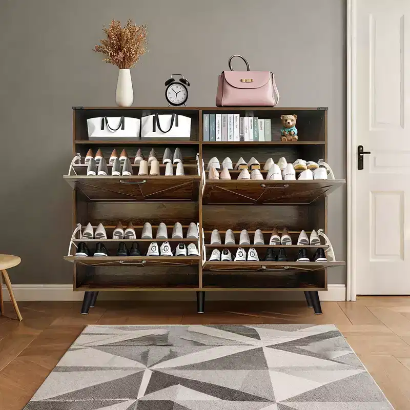 Shoe Cabinet, 4-Door Flip-Up Shoe Organizer with Drawers & Adjustable Shelves, Freestanding Shoe Storage Cabinet for Living Room, Hallway