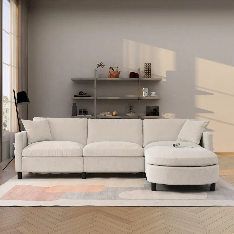 Beige 107.87  Spacious 4-Seater Sofa with Movable Ottoman