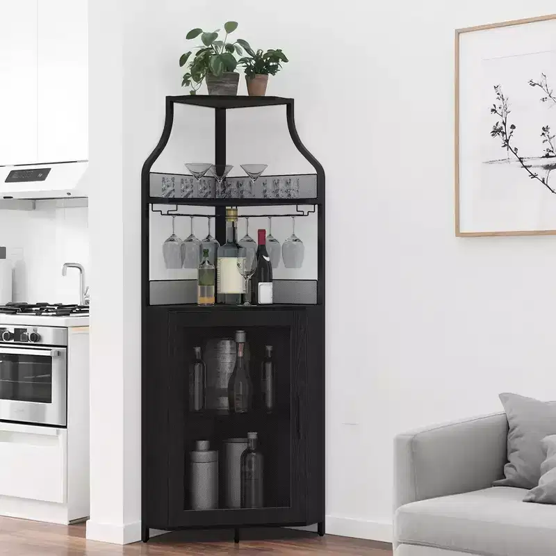 Corner Wine Cabinet, Metal Wine Holder Stand Holds 50+ Bottles & Glassware, Floor Wine Storage for Kitchen Dining Room Office Bar