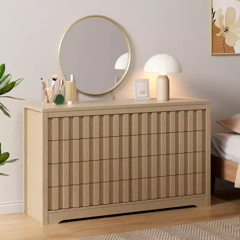 Fluted Dresser for Bedroom with 8 Drawers, Chest of Drawers, Wooden Dresser TV Stand, Wood Clothes Closet Organizer with Deep Storage