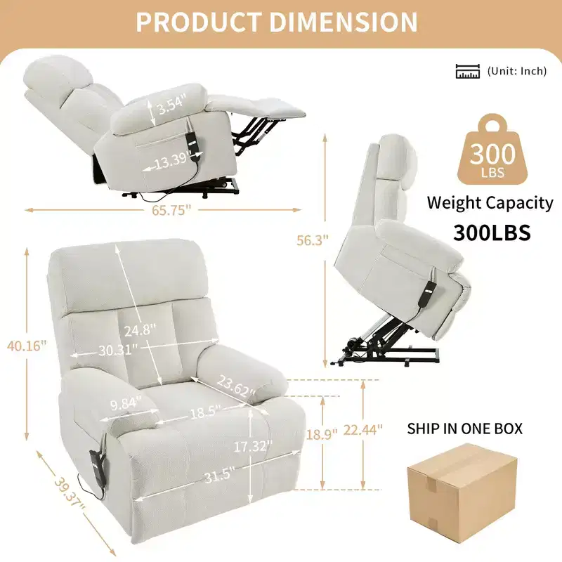 Oversized Power Lift Recliner Chair, Adjustable Reclining Sofa Chair for Elderly, Recliner with Remote Control and Side Pocket