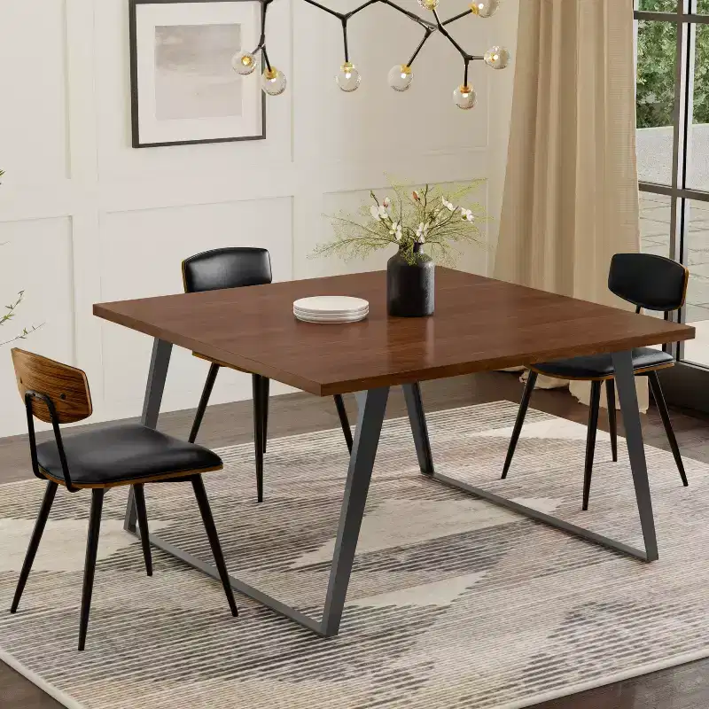 54-Inch Square Modern Industrial Dining Table – Walnut Veneer & Graphite Grey Metal Legs
