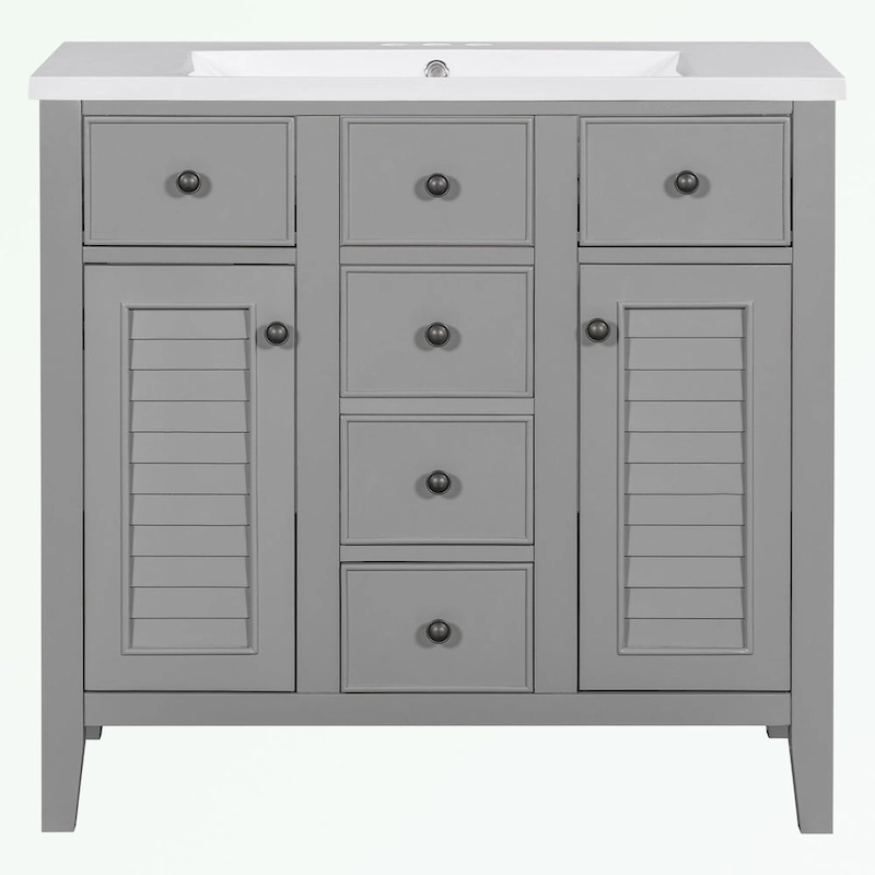 Bathroom Vanity with Ceramic Basin, Two Cabinets and Five Drawers