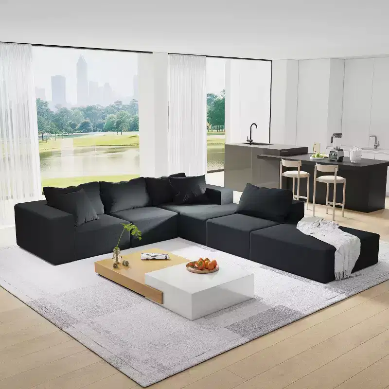 Modern Upholstered Sectional Sofa Couch Set, Modular 132 L-Shaped Sectional Living Room Sofa Set with 6 Cushions