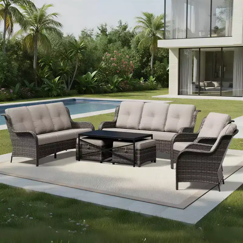 UPTIOT Premium Outdoor Sofa Set with Wicker Chairs, Ottomans, and Coffee Table