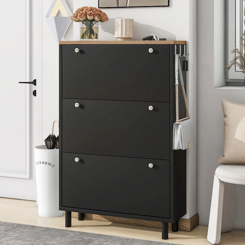 Shoe Cabinet with 3 Flip Drawers,Wood Grain Pattern with 3 Hooks,Free Standing Shoe Rack with Adjustable Panel