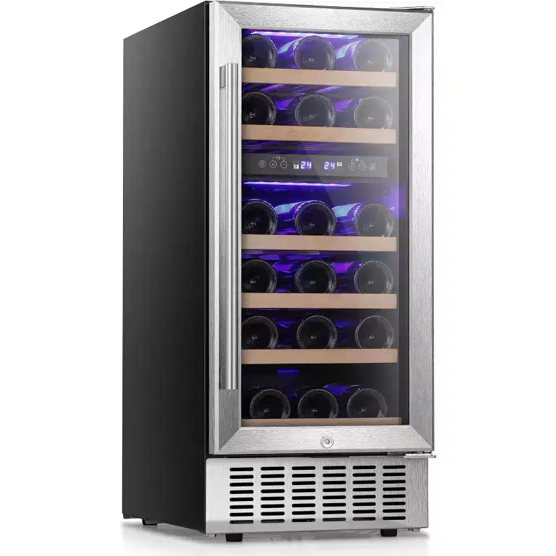 ZAFRO 15 Wine Cooler Under Counter Beverage Refrigerator Beer Mini Fridge 28 Bottles Stainless Steel Double-Layer Tempered Glass Door