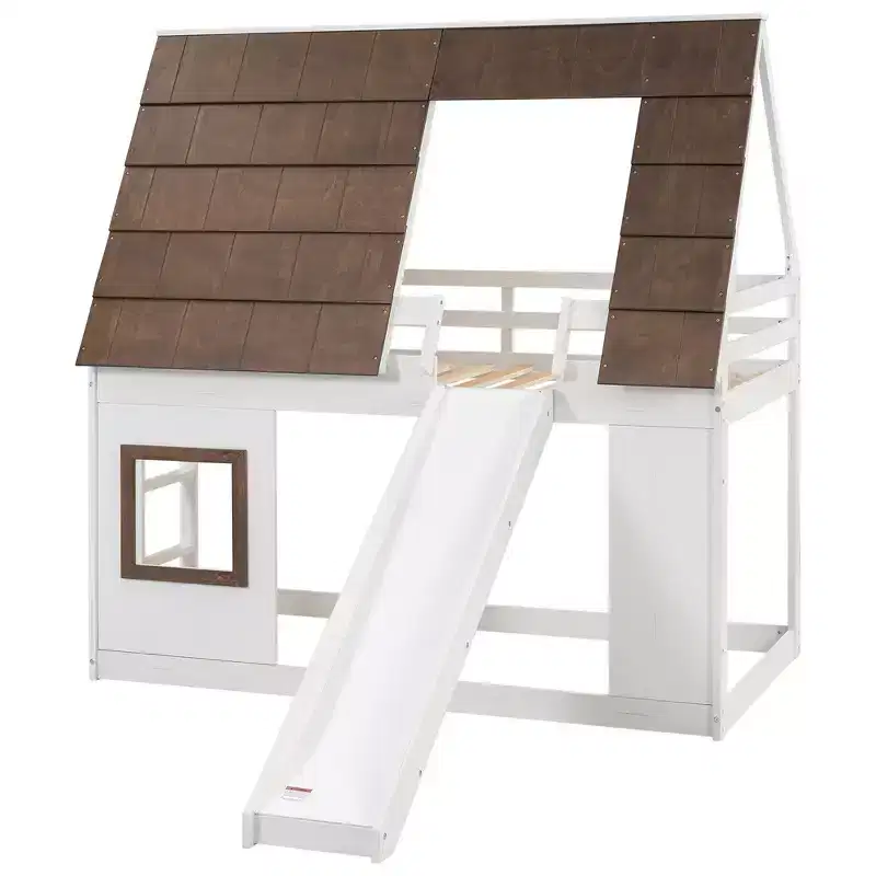Bunk Bed Frame with Roof, Window, Guardrails & Built-in Ladder(Upgraded) - White & Brown