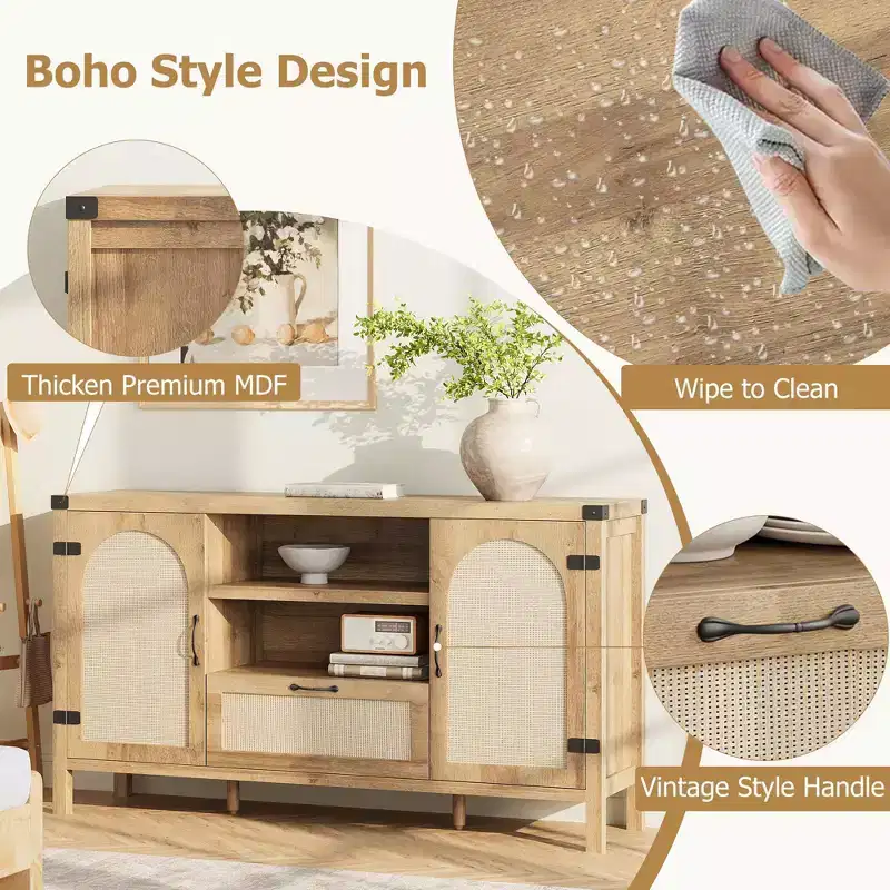 Wood & Rattan Sideboard Cabinet 59.1''W x 18.43''D x 8.07''H