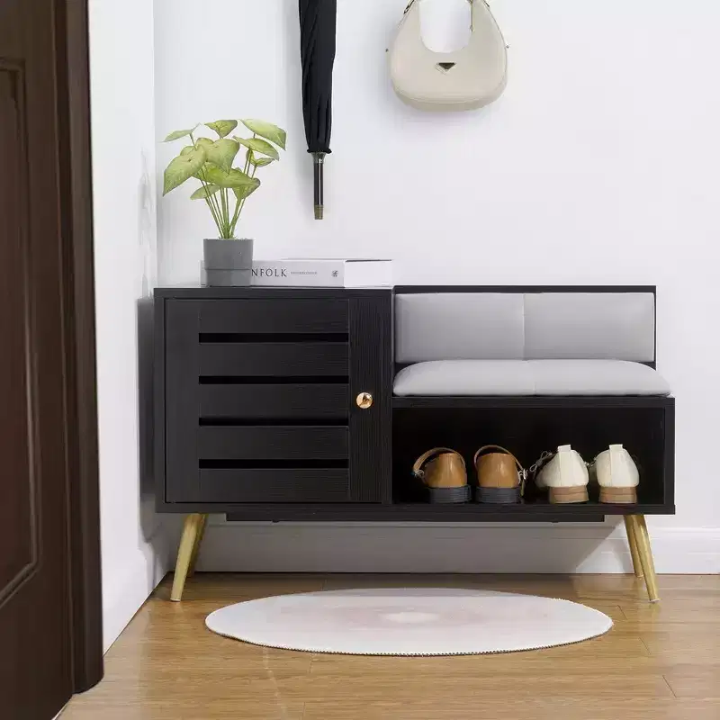 Shoe Bench with Storage for Entryway, Removable Padded Cushion, Louvered Door