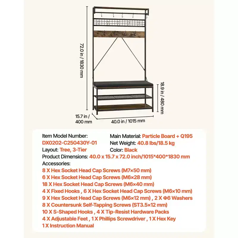 72-Inch Hall Tree Coat Rack with Shoe Bench, 2-Tier Freestanding Shoe Rack, Hooks & Hanging Rod, Brown & Black