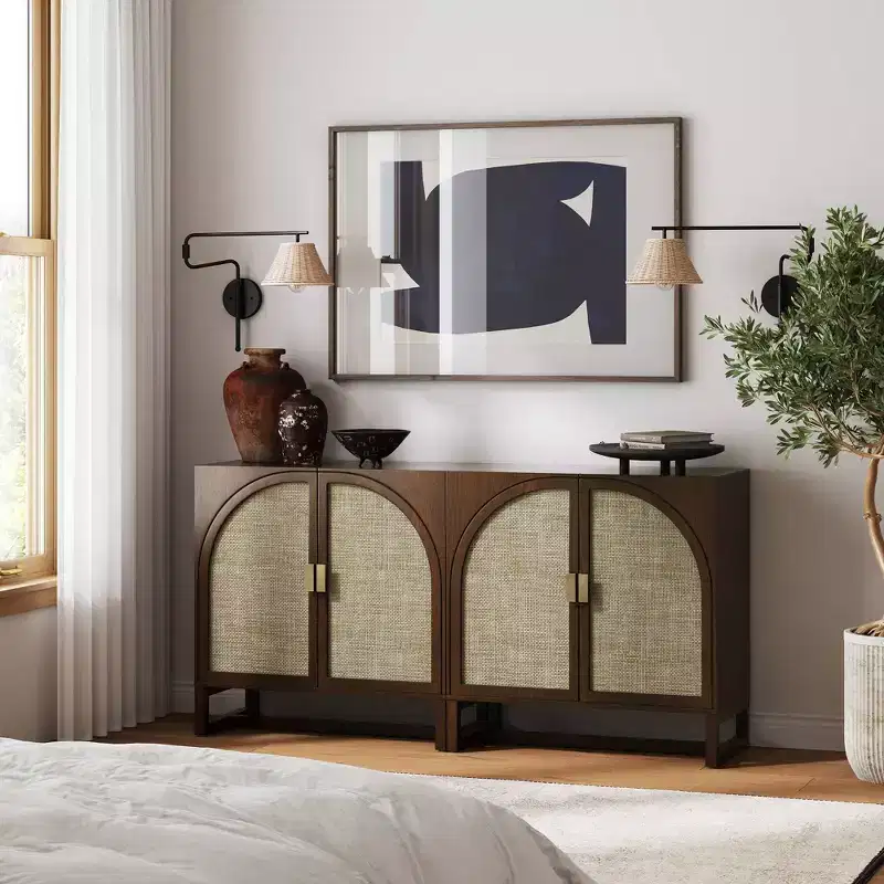 Boho Wood Storage Cabinet with 2 Arched Rattan Doors & Adjustable Shelves, Dark Brown